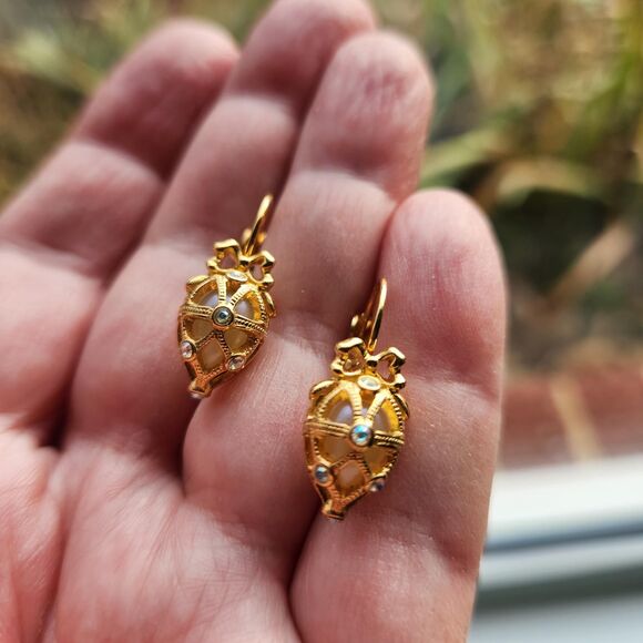 Faberge Egg Pendant Necklace Earrings Set Joan Rivers Jewelry Locket Rhinestone - Picture 3 of 12